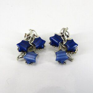 Vintage Thermoset Blue Lucite Flowers Silver Tone Clip-On Earrings